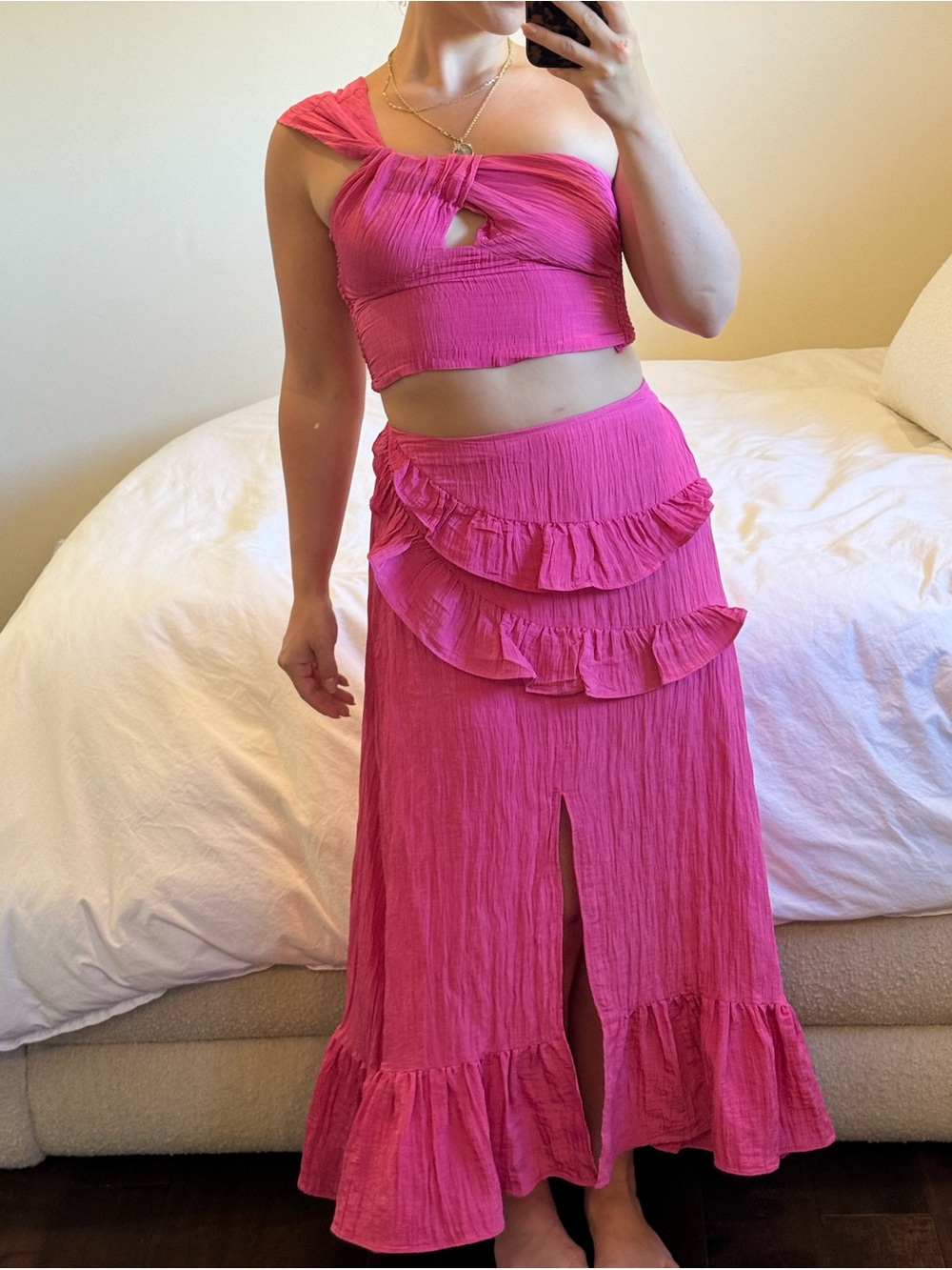 Maje Hot Pink Ruffle Maxi Skirt